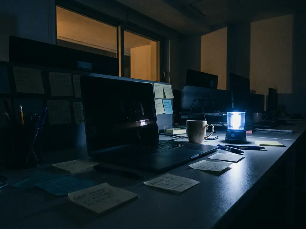 Donker kantoorbureau met uitgevallen stroom, zwart laptopscherm en noodlantaarn die blauw licht werpt op notities en koffiemok.