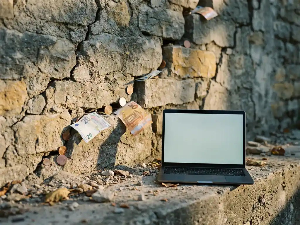 Verbrokkelde stenen muur met euro's die in scheuren verdwijnen, open laptop op betonnen ondergrond, dramatische zijbelichting.