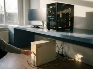 Moderne custom server naast verouderde beige computer die wordt losgekoppeld in een Nederlands kantoor, warm licht en ondiepe scherptediepte.