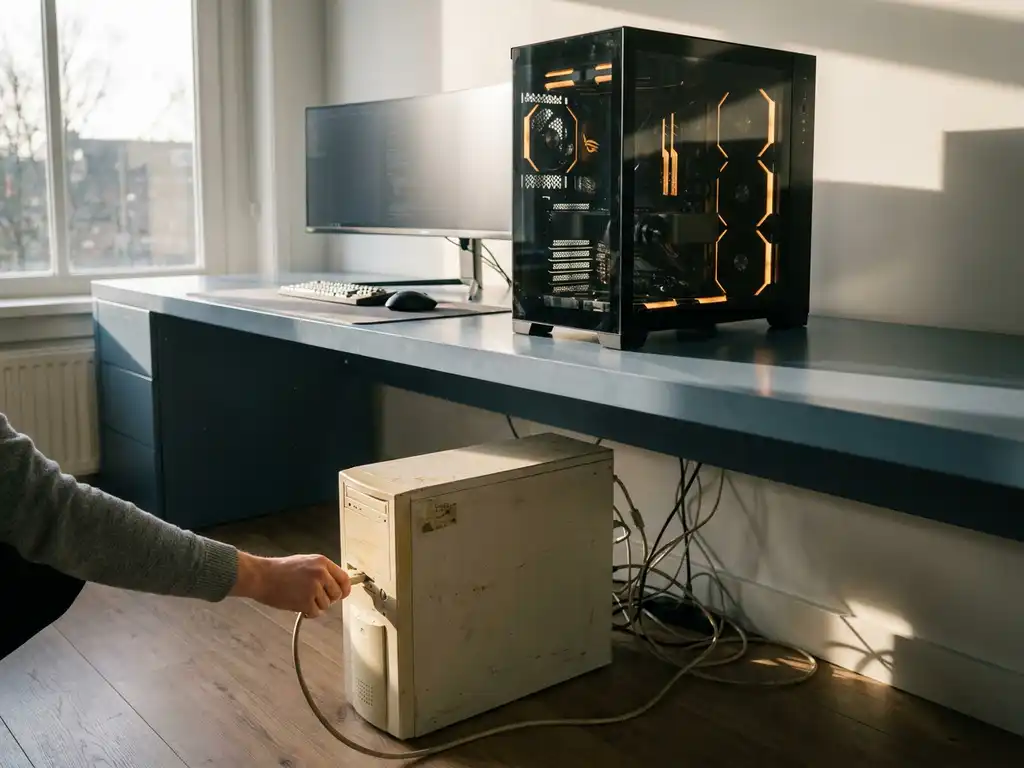 Moderne custom server naast verouderde beige computer die wordt losgekoppeld in een Nederlands kantoor, warm licht en ondiepe scherptediepte.