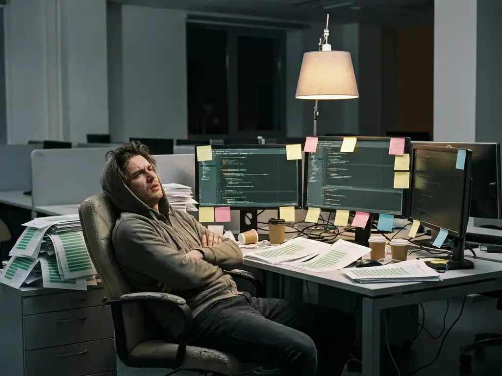 Gefrustreerde ontwikkelaar aan rommelig bureau omringd door stapels legacy code-uitdraaien en sticky notes op monitoren, kil kantoorlicht.