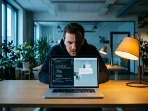 Ontwikkelaar leunt gefrustreerd naar laptop met bevroren venster in modern kantoor met warm bureaulampje.