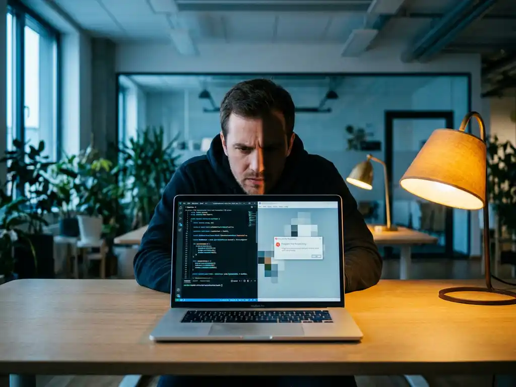 Ontwikkelaar leunt gefrustreerd naar laptop met bevroren venster in modern kantoor met warm bureaulampje.