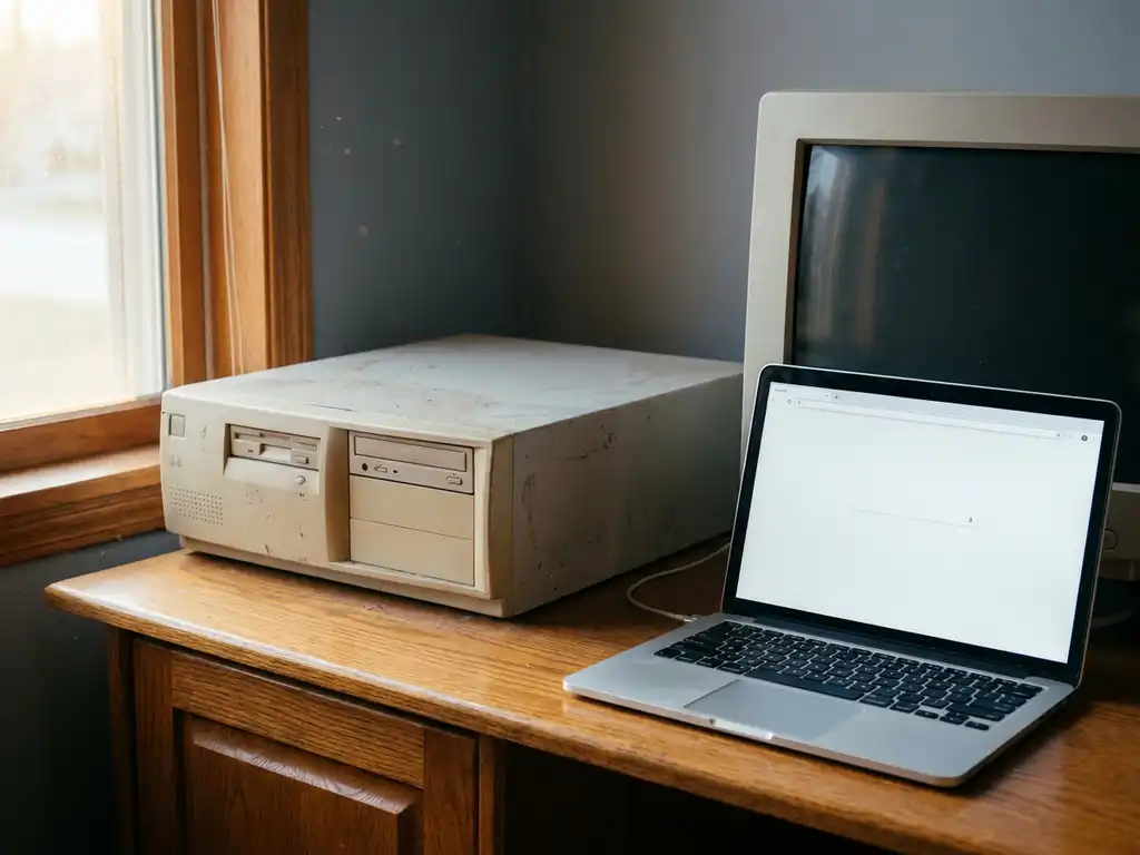 Verouderde beige desktopcomputer met floppydiskdrive naast een moderne laptop op een houten bureau, zachte natuurlijke belichting.