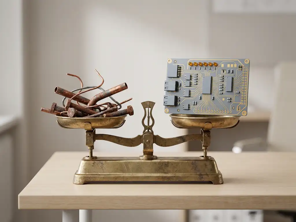 Verouderde mechanische weegschaal in balans met roestige koperen buizen tegenover een modern printplaat op een strak bureau.