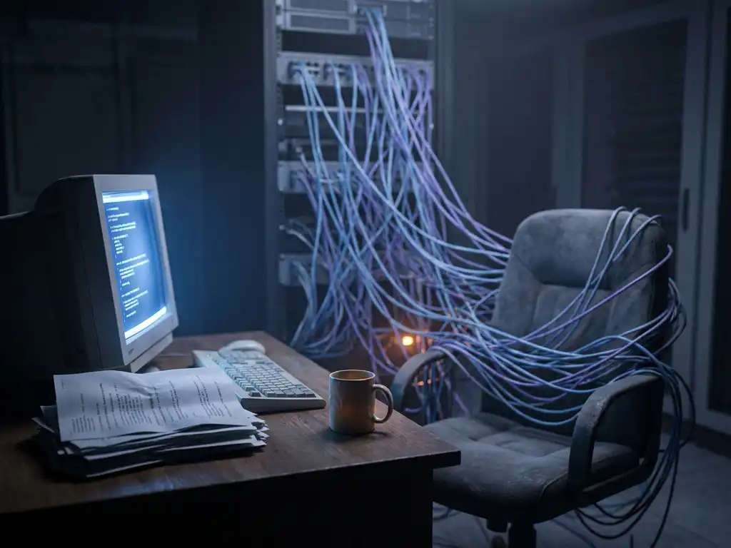 Verlaten bureaustoel omgeven door gloeiende serverkabels, blauw monitorlicht op gestapelde codedocumentatie, koffiekopje naast stil toetsenbord.