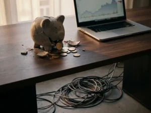Gebarsten spaarpot met uitgestrooide euromunten op modern bureau naast laptop, verouderde kabels eronder, dramatisch zijlicht.