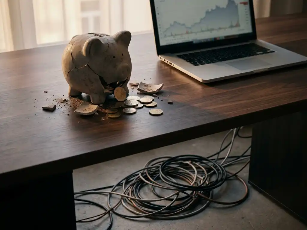 Gebarsten spaarpot met uitgestrooide euromunten op modern bureau naast laptop, verouderde kabels eronder, dramatisch zijlicht.