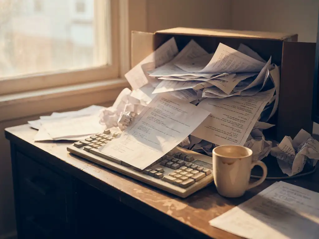 Verlaten ontwikkelaarsbureau met verfrommelde codeprints, een lege koffiemok en losgekoppeld toetsenbord in warm middaglicht.