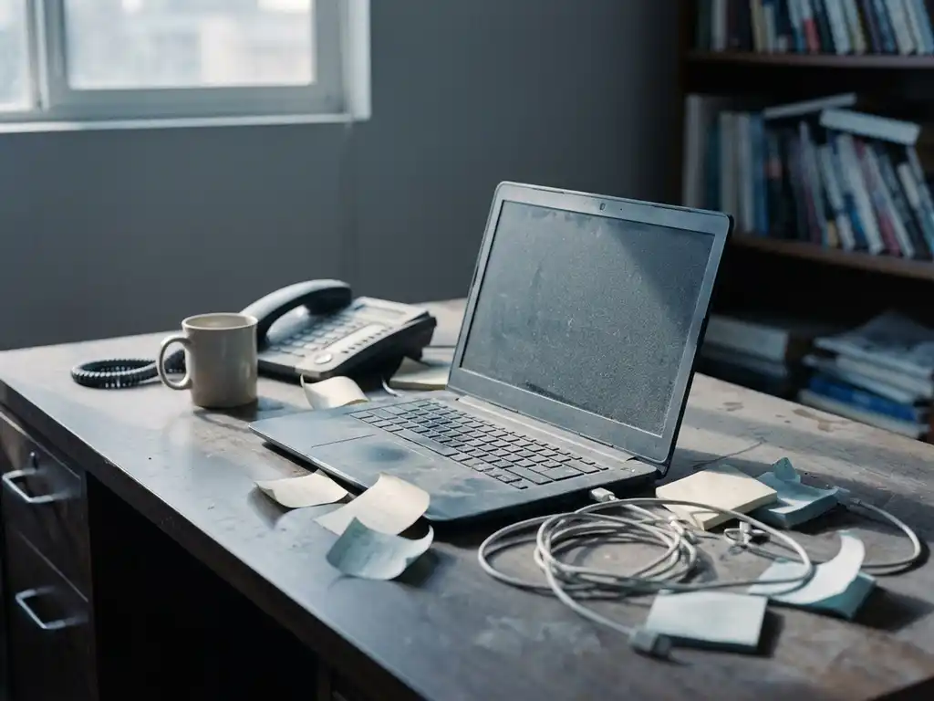 Verlaten bureau met donker laptopscherm, verstrengelde kabels, losse sticky notes en een lege koffiebeker in koel grijs licht.