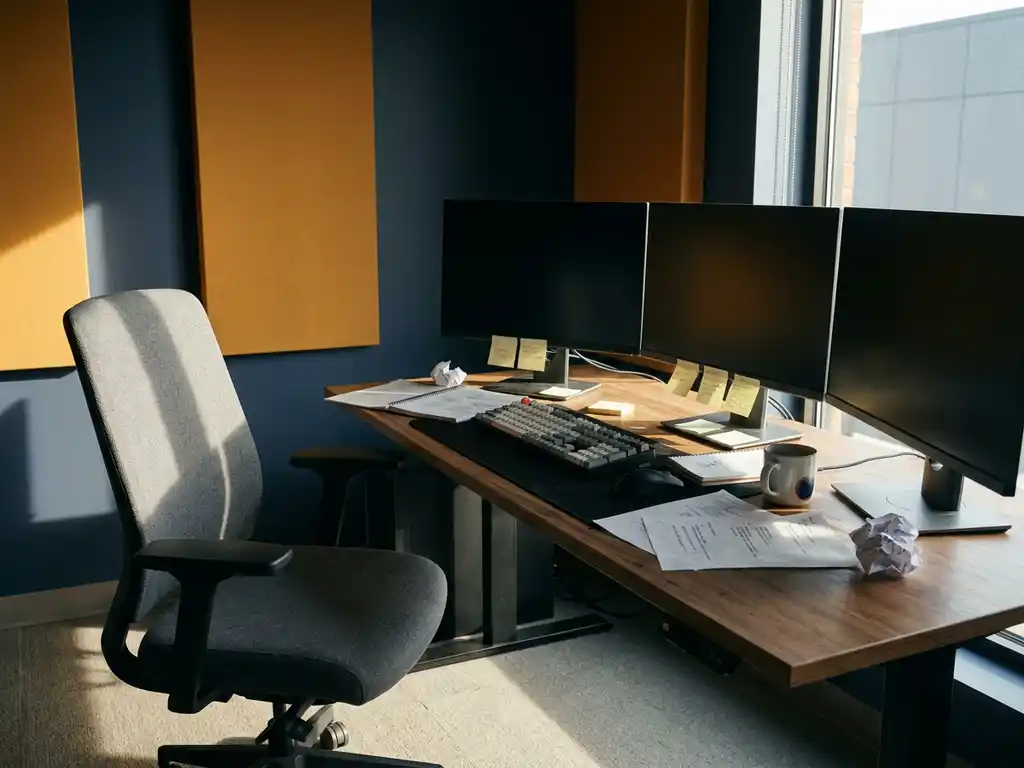 Verlaten ontwikkelaarsworkstation met donkere schermen, toetsenbord, verspreide notities en een koude koffiemok in dramatisch zijlicht.