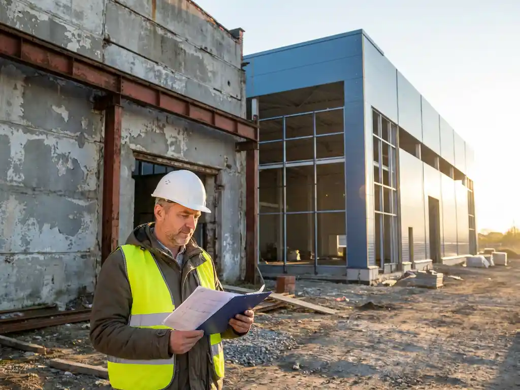 Projectmanager met klembord inspecteert bouwplaats naast vervallen industrieel gebouw en nieuw magazijn in aanbouw, gouden middaglicht.