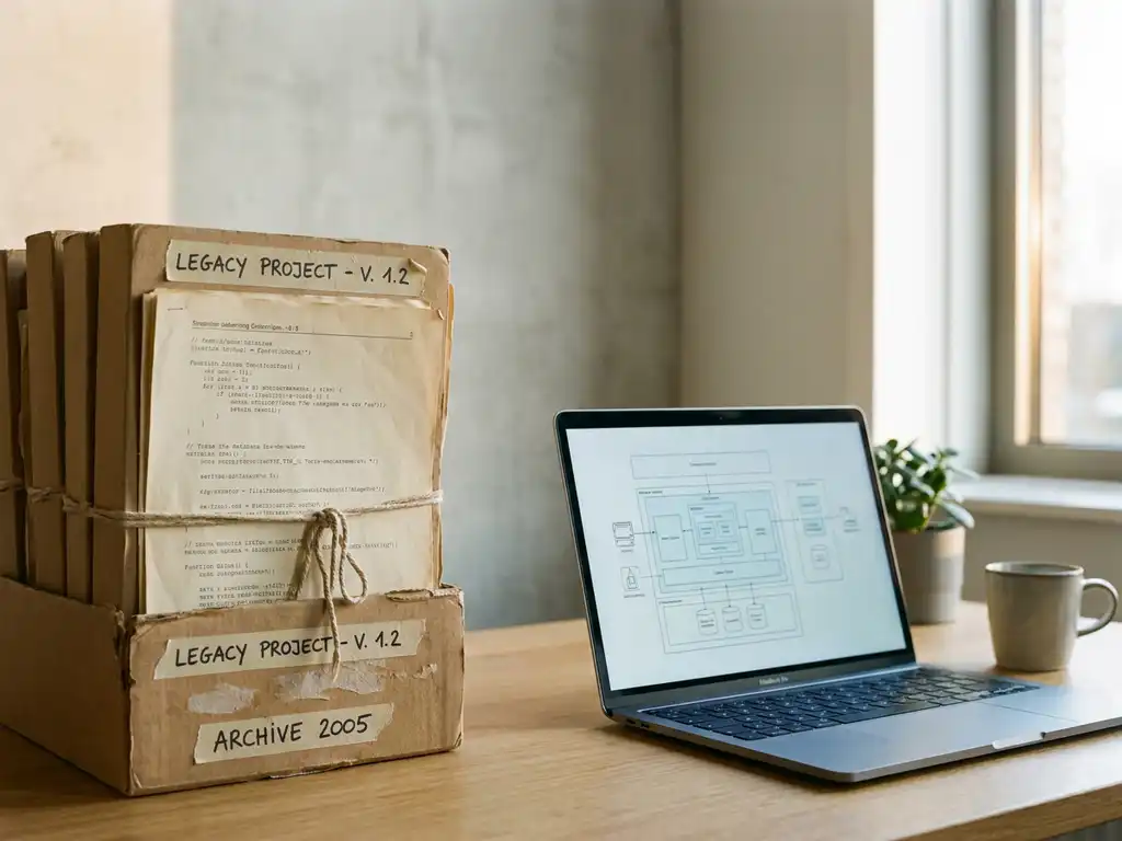 Vergeeld papierwerk met legacy-code naast een laptop met architectuurdiagrammen op een minimalistisch bureau in zacht ochtendlicht.