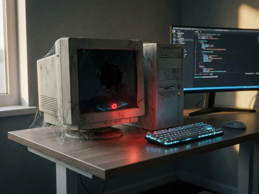 Verouderde desktopcomputer met scheuren en spinnenwebben op een modern bureau, omringd door strakke randapparatuur met rood schermgloed.