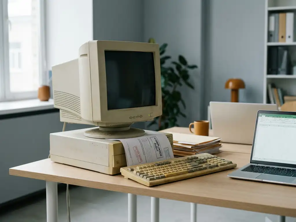 Verouderde desktop-pc met vergeling plastic naast moderne laptop op kantoorbureau, met nalevingsdocumenten onder de monitor.