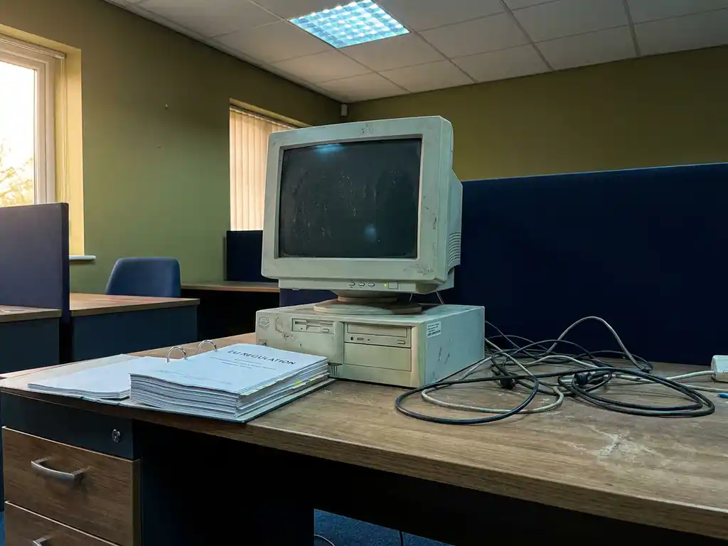 Verouderde desktop-pc met bolle CRT-monitor naast open EU-regelgevingsbinder op modern bureau, tangled kabels, koel tl-licht.