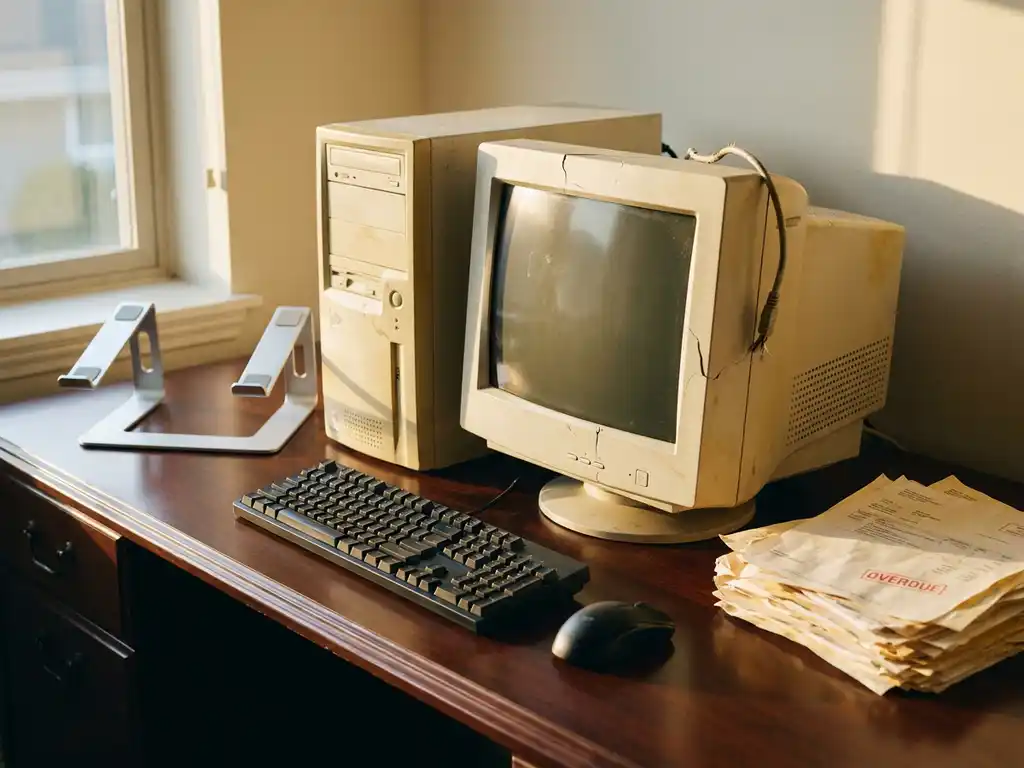 Verouderde desktop computer met vergeling plastic tussen moderne kantoorrandapparatuur en stapel achterstallige facturen op bureau.