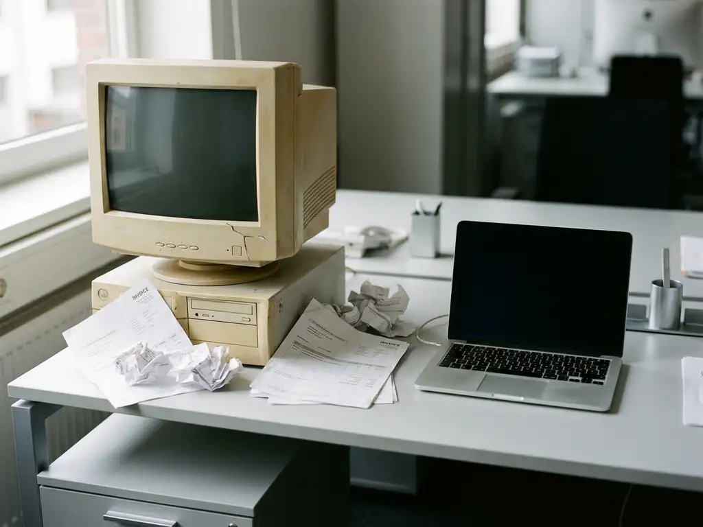 Verouderde beige desktop-pc uit de jaren 90 op modern kantoorbureau naast laptop en verspreide facturen.