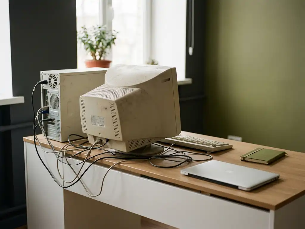 Verouderde desktop-pc met bolle CRT-monitor op modern minimalistisch bureau, verward met kabels naast een strak laptop.