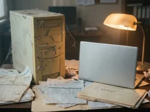 Verouderde beige computertoren naast moderne laptop op kantoorbureau, omringd door facturen en budgetdocumenten in warm amberkleurig licht.