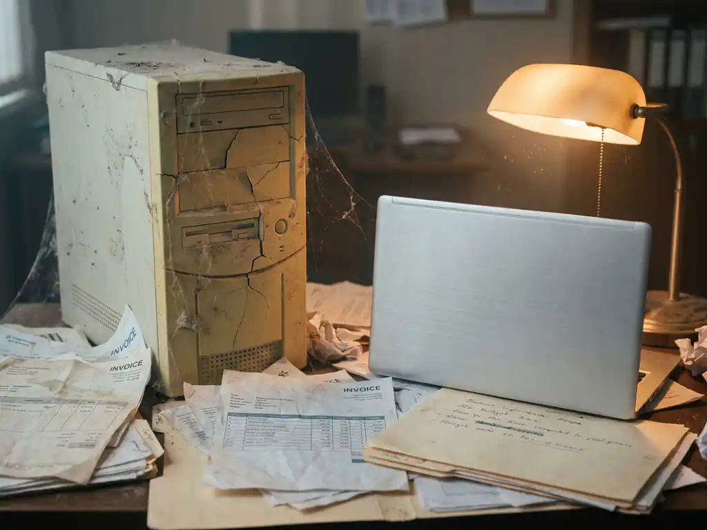Verouderde beige computertoren naast moderne laptop op kantoorbureau, omringd door facturen en budgetdocumenten in warm amberkleurig licht.