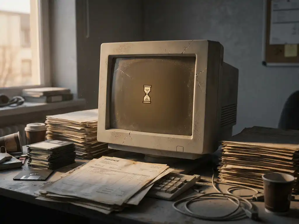 Verouderde computermonitor met bevroren zandlopercursor, omgeven door vergelde papieren facturen en diskettes op een rommelig bureau.