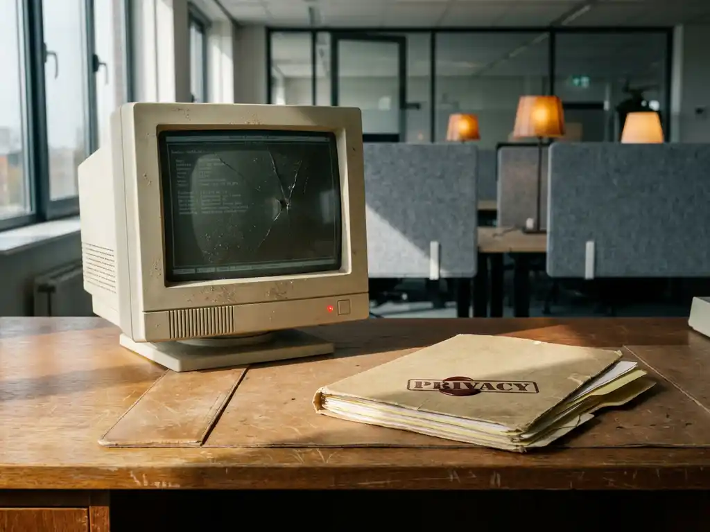 Verouderde desktopcomputer met gebarsten behuizing en vervaagd scherm naast een verzegelde manila map op een versleten kantoorbureau.