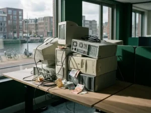 Verouderde desktopcomputers met verstrengelde kabels op een kantoorbureau, met gekreukelde eurobiljetten zichtbaar onder de hardware.