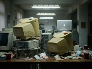 Verouderde desktopcomputers met verstrengelde kabels en eurobiljet­ten op een bureau, met een moderne laptop op de achtergrond.