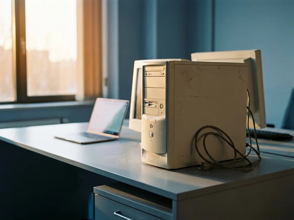 Verlaten desktopcomputer met loshangende stroomkabel op modern bureau, met een open laptop op de achtergrond in warm kantoorlicht.