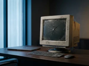 Verouderde desktopmonitor met scheuren en spinnenwebben op modern kantoorbureau, omringd door strakke hedendaagse randapparatuur.