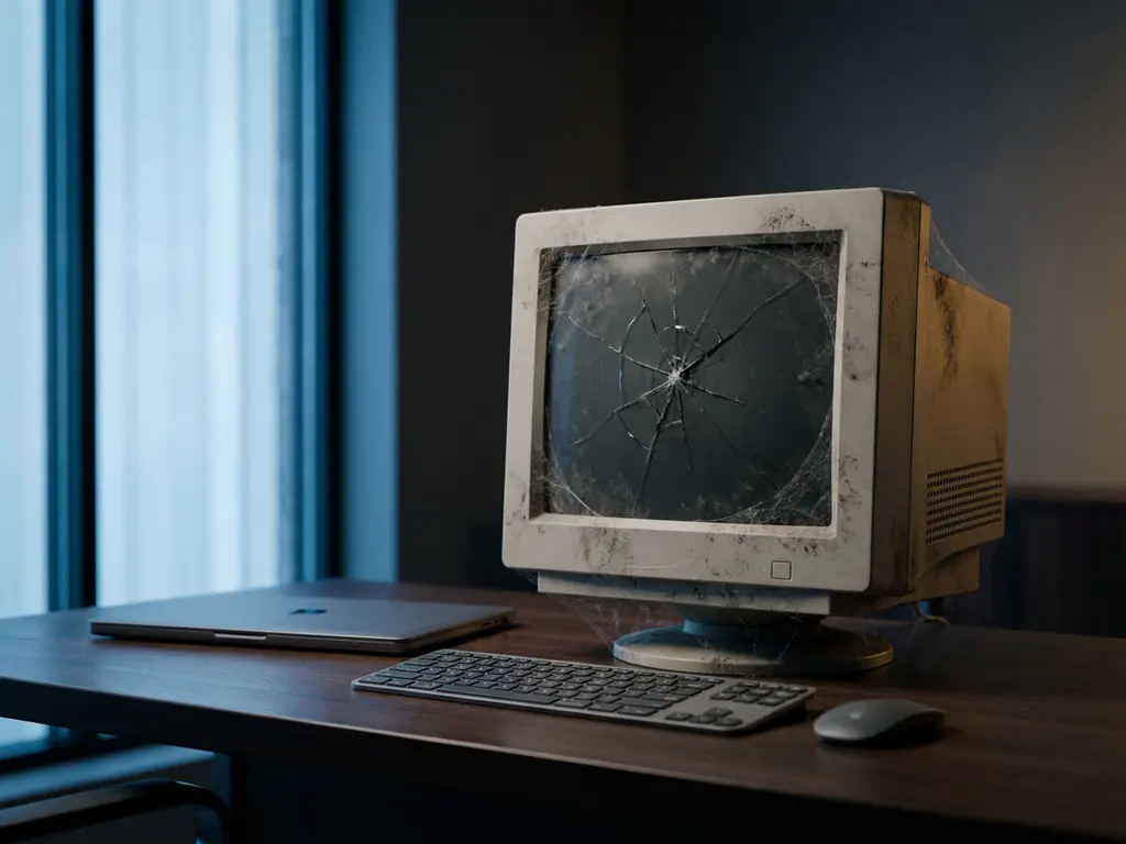 Verouderde desktopmonitor met scheuren en spinnenwebben op modern kantoorbureau, omringd door strakke hedendaagse randapparatuur.