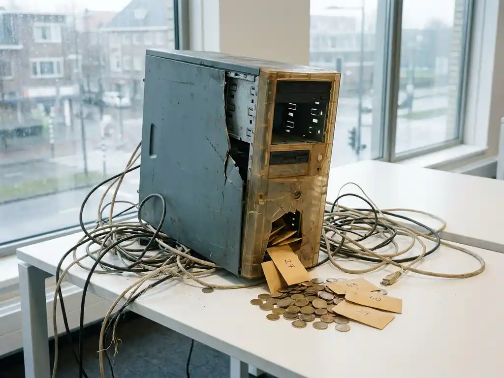 Verouderde serverbehuizing met scheuren op wit bureau, met euromunten en budgetenveloppen die uit de gebroken kast vallen.
