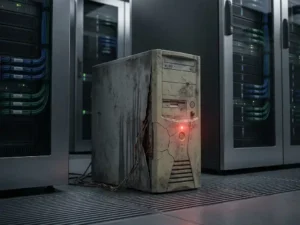 Verouderde serverbehuizing met scheuren en corrosie in moderne serverruimte, verlicht door rood waarschuwingslicht tussen nieuwere hardware.