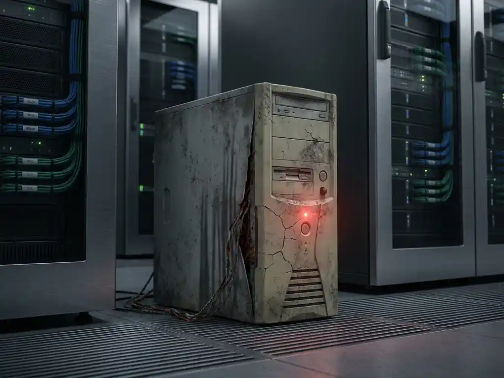 Verouderde serverbehuizing met scheuren en corrosie in moderne serverruimte, verlicht door rood waarschuwingslicht tussen nieuwere hardware.