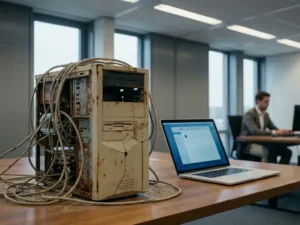 Verouderde servertoren met gebarsten behuizing en versleten kabels naast een moderne laptop in een Nederlands kantoor.