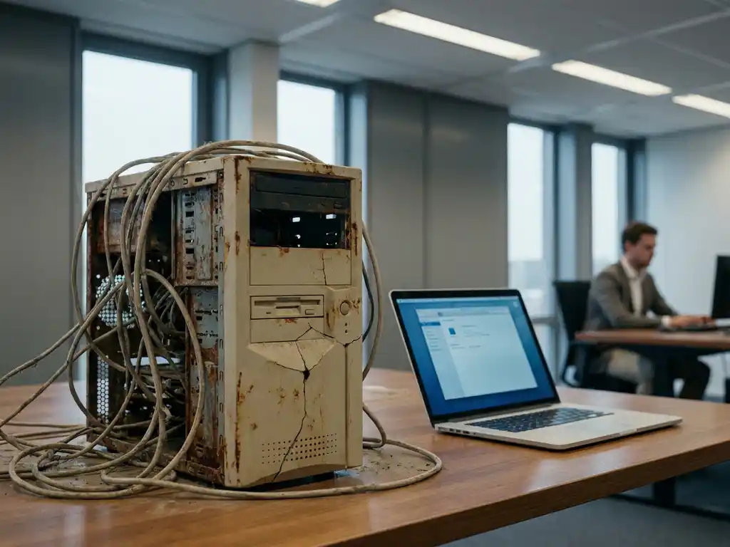 Verouderde servertoren met gebarsten behuizing en versleten kabels naast een moderne laptop in een Nederlands kantoor.