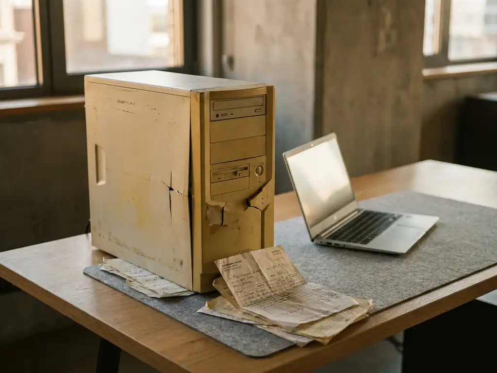 Verouderde, gebarsten servertoren naast een moderne laptop op een bureau, omringd door onderhoudsfacturen in warm amberkleurig licht.
