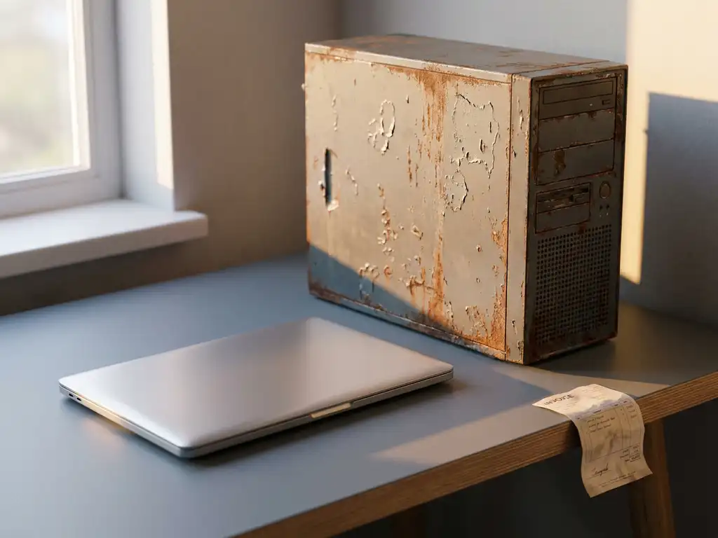 Verouderde serverbehuizing met roest en schilferende panelen naast een moderne laptop op een kantoorbureau, met factuur en natuurlijk raamlicht.