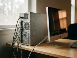 Verouderde serverbehuizing met gebarsten behuizing naast een moderne werkstation op een kantoorbureau, verwarde kabels versus één slanke kabel.