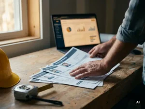 Projectmanager spreidt gedrukte aannemersprofielen uit op bureaublad, laptop met vergelijkingsdashboard op achtergrond, bouwhelm en meetlint nabij.