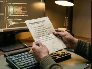 Ontwikkelaarshanden houden een geannoteerde code review checklist boven een mechanisch toetsenbord, met rood en groen inkt zichtbaar.
