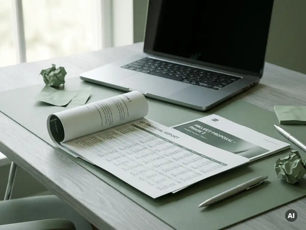 Uitgeprinte Excel-spreadsheet en PDF-document op modern bureau met laptop, pen en sticky notes in zachte natuurlijke belichting.