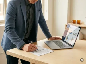 Inkoopmanager bekijkt een geprinte offerte aan een modern bureau, met een laptop met dashboard ernaast en een pen in de hand.