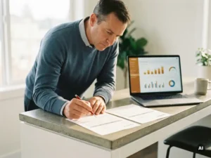 Inkoopmanager vergelijkt twee offertes op een modern bureau, rode pen wijst naar een prijsverschil, laptop met dashboard op de achtergrond.