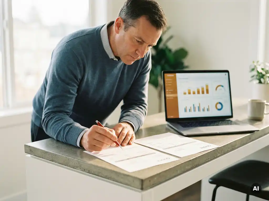 Inkoopmanager vergelijkt twee offertes op een modern bureau, rode pen wijst naar een prijsverschil, laptop met dashboard op de achtergrond.