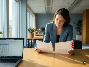 Inkoopmanager vergelijkt twee offertes op een modern bureau, één document gemarkeerd met rode tabbladen, kantooromgeving met natuurlijk daglicht.