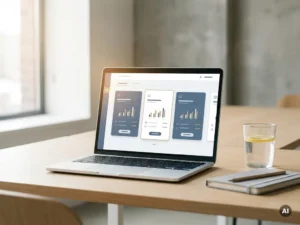 Laptop met verzekeringsoffertes vergelijkingsdashboard op minimalistisch bureau, met notitieboek en glas water, in blauw-wit interieur.