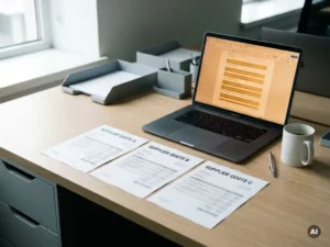 Moderne bureau met uitgeprinte leveranciersoffertes naast laptop die overeenkomende regels markeert in amberkleurig licht.