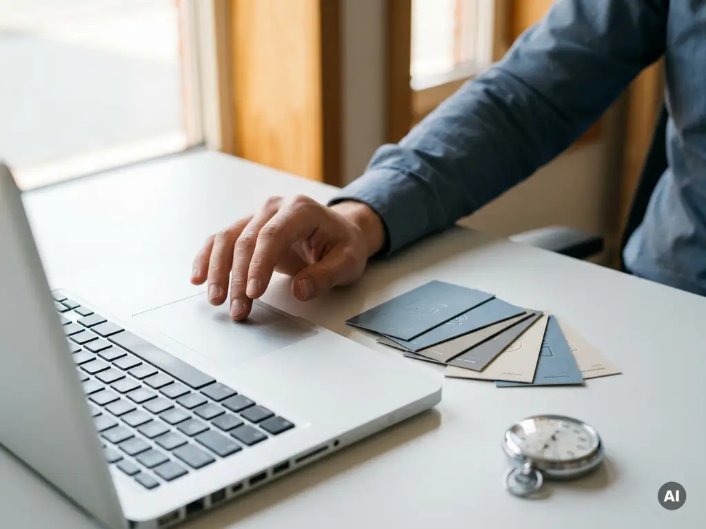 Hand boven laptop-trackpad met uitgespreide leverancierskaarten en stopwatch op wit bureau in modern kantoor.